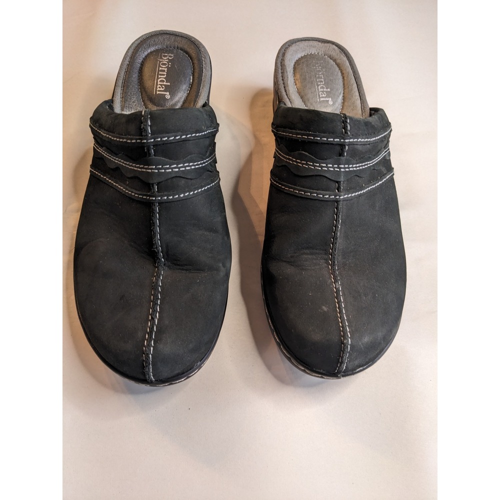 Bjorndal Womens Black Nubuck Leather Clogs Mules Contrast Stitching Size 8